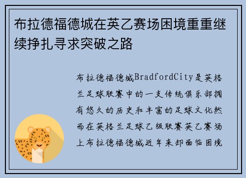 布拉德福德城在英乙赛场困境重重继续挣扎寻求突破之路